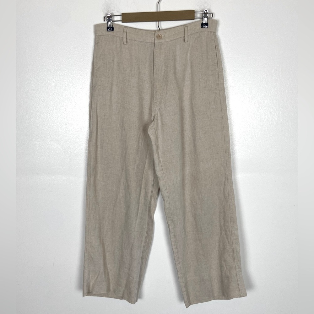 Island Importer Women’s Linen Pants Crop Wide Leg Size 32‎ Color Cream Pockets